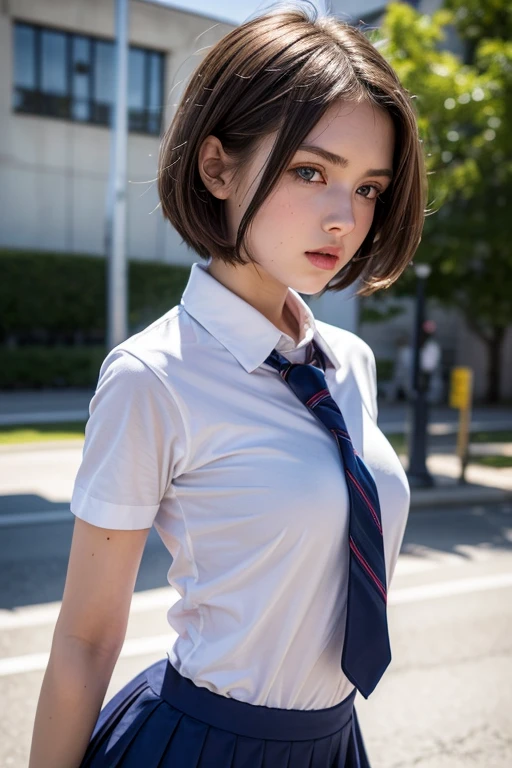 Create a white character, with brown hair, short forward hairstyles, e um degradê, greeneyes, very muscular and wearing a school outfit