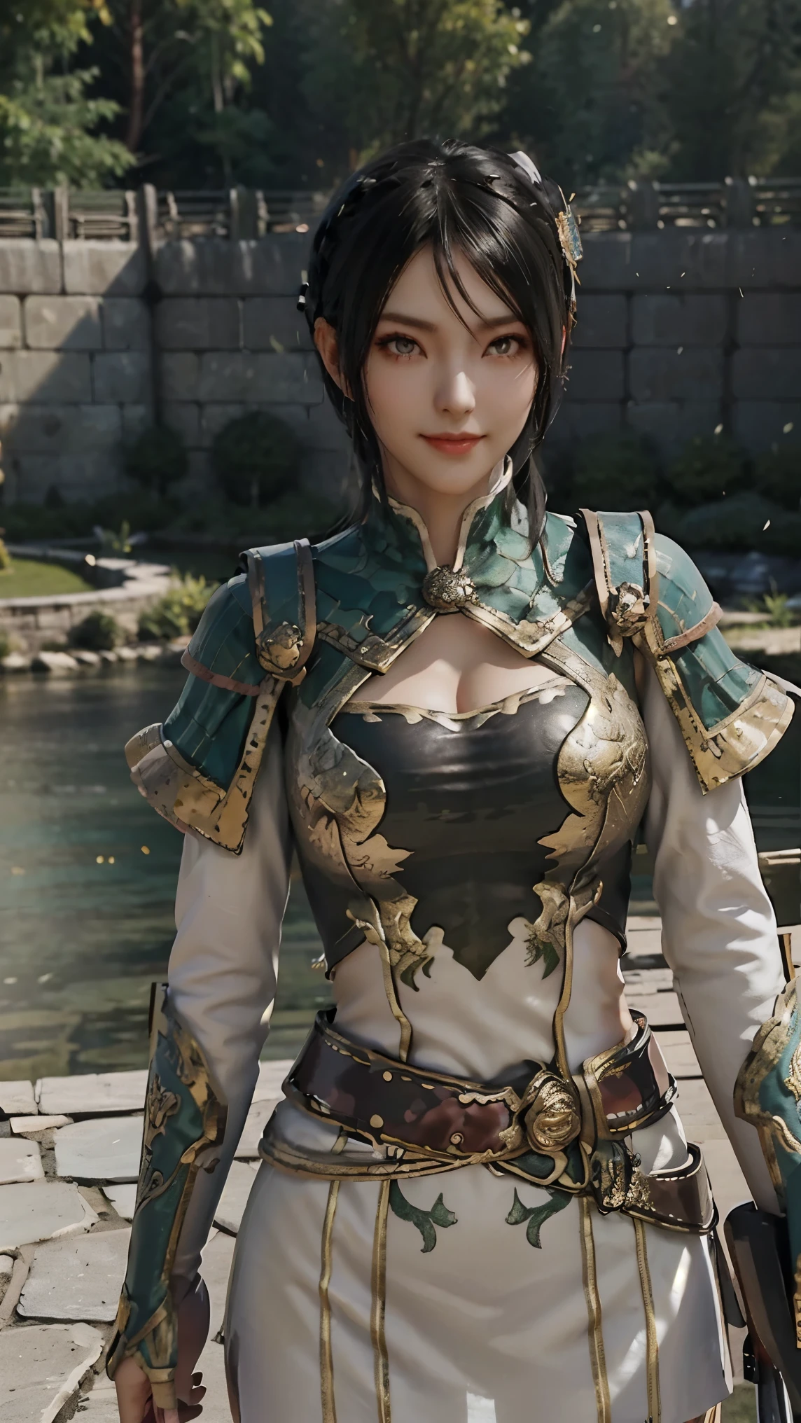 Xingcai,(best qualityer,4K,8k,high resolution,work of art:1.2)(weather: windy), Chinese village background, Chinese garden, striped top, long sleeves, white capelet, belt, circle skirt, gold trim, black pantyhose, high boots, eyeliner, short wavy hair, black hair, ultra detailed, realistic, portrait, beautiful detailed honey yellow eyes, glowing eyes, blush, beautiful detailed lips, extremely detailed eye and face, long eyelashes, sexy, average, large breasts, beaming smile, flirty smile, powerful girl, sexy pose, stunning curves, bright coloured, dramatic lighting, hair flying, Chinese sword,