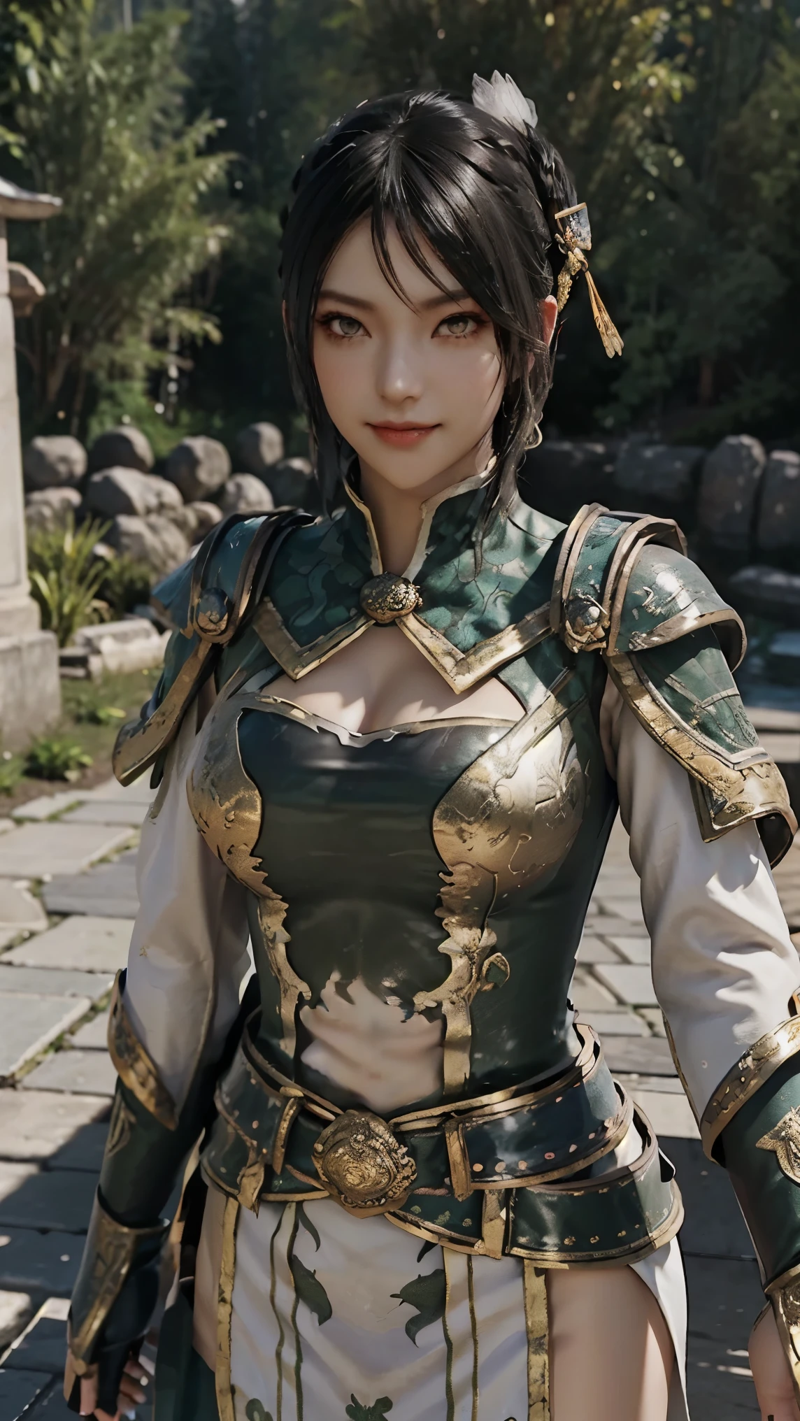 Xingcai,(best qualityer,4K,8k,high resolution,work of art:1.2)(weather: windy), Chinese village background, Chinese garden, striped top, long sleeves, white capelet, belt, circle skirt, gold trim, black pantyhose, high boots, eyeliner, short wavy hair, black hair, ultra detailed, realistic, portrait, beautiful detailed honey yellow eyes, glowing eyes, blush, beautiful detailed lips, extremely detailed eye and face, long eyelashes, sexy, average, large breasts, beaming smile, flirty smile, powerful girl, sexy pose, stunning curves, bright coloured, dramatic lighting, hair flying, Chinese sword,