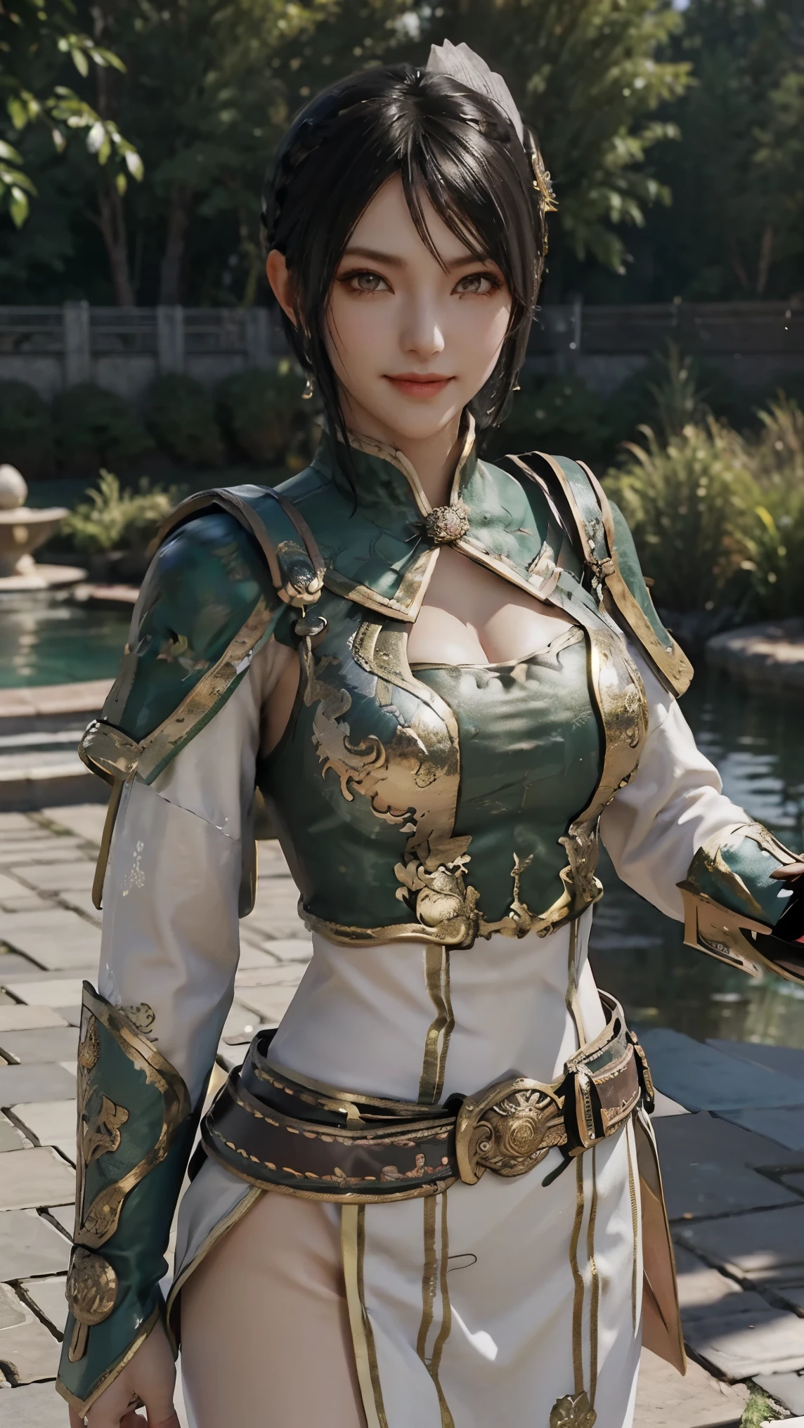 Xingcai,(best qualityer,4K,8k,high resolution,work of art:1.2)(weather: windy), Chinese village background, Chinese garden, striped top, long sleeves, white capelet, belt, circle skirt, gold trim, black pantyhose, high boots, eyeliner, short wavy hair, black hair, ultra detailed, realistic, portrait, beautiful detailed honey yellow eyes, glowing eyes, blush, beautiful detailed lips, extremely detailed eye and face, long eyelashes, sexy, average, large breasts, beaming smile, flirty smile, powerful girl, sexy pose, stunning curves, bright coloured, dramatic lighting, hair flying, Chinese sword,