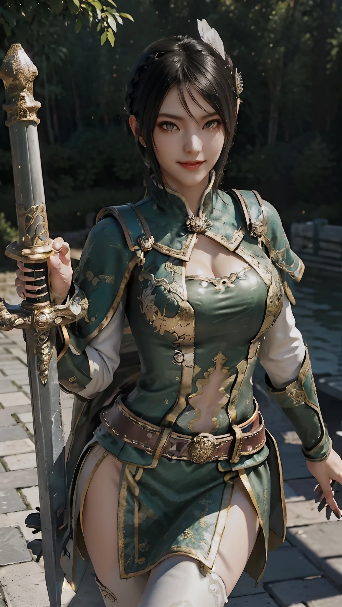 Xingcai,(best qualityer,4K,8k,high resolution,work of art:1.2)(weather: windy), Chinese village background, Chinese garden, striped top, long sleeves, white capelet, belt, circle skirt, gold trim, black pantyhose, high boots, eyeliner, short wavy hair, black hair, ultra detailed, realistic, portrait, beautiful detailed honey yellow eyes, glowing eyes, blush, beautiful detailed lips, extremely detailed eye and face, long eyelashes, sexy, average, large breasts, beaming smile, flirty smile, powerful girl, sexy pose, stunning curves, bright coloured, dramatic lighting, hair flying, Chinese sword,