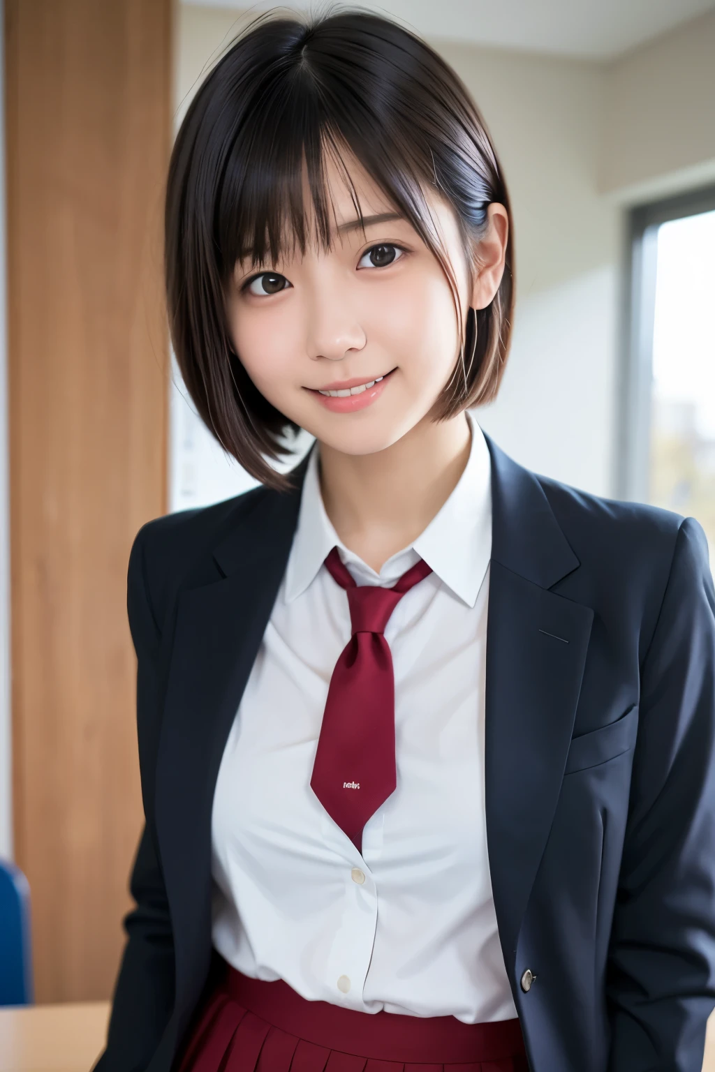 best quality , high quality , soft light, super high definition, ( Photos Realistic :1.4), focus on face , japanese girl, solo, cute , embarrassed smile, ( brown eyes, light in the eyes ), detailed and beautiful face , realistic skin and texture , short bob hair, high school classroom , blazer, white shirt, red tie , skirt
