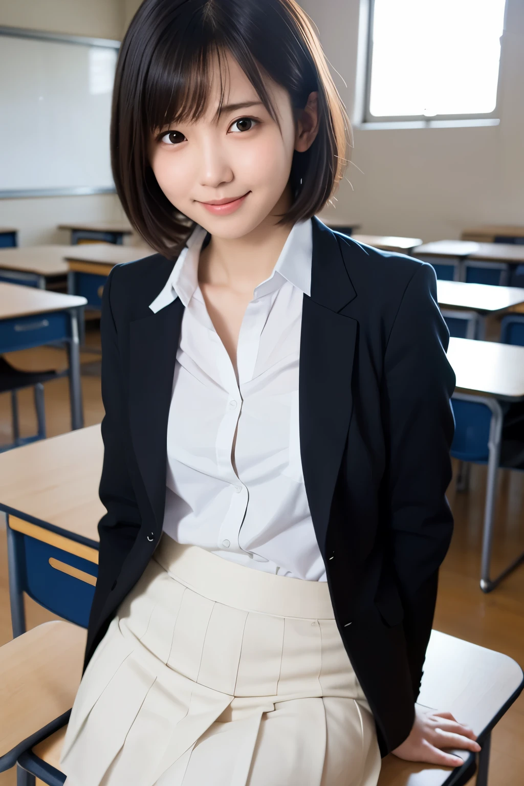 best quality , high quality , soft light, super high definition, ( Photos Realistic :1.4), focus on face , japanese girl, solo, cute , embarrassed smile, ( brown eyes, light in the eyes ), detailed and beautiful face , realistic skin and texture , short bob hair, high school classroom , blazer, white shirt, red tie , skirt