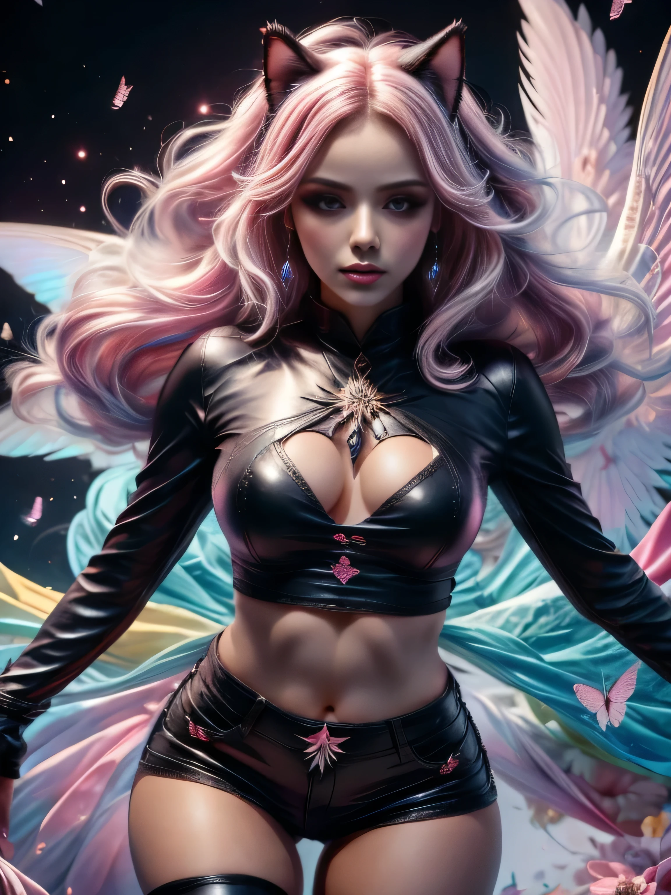 shimmering, sparkling, airbrushed gothic beauty with long black and pink hair in flowing waves, blue eyes, full slim skinny gothic cat girl body, ragged black and pink fluffy wings extending behind her crouching figure, her outfit consists of a pink long-sleeved top with the words "No More Flying" on it, ripped black jeans, pink leather boots, a mottled pink and black background with fluttering feathers, fantastic realism sparkles with unearthly magic