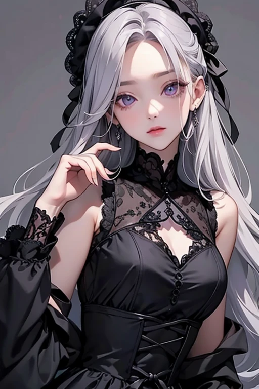 (black lace dress, pantyhose :1.3),Cute 18 yo (albino:1.4)woman of Slavic descent.(short:1.1), long white hair, gray eyes, ((very pale:1.4)). Innocent look. Gentle spirit.(virgin),((smile)).Masterpiece, best quality(highly detailed:1.2),(detailed face and eyes:1.2), depth of field, 8k wallpaper, studio lighting, core shadows, high contrast, bokeh.