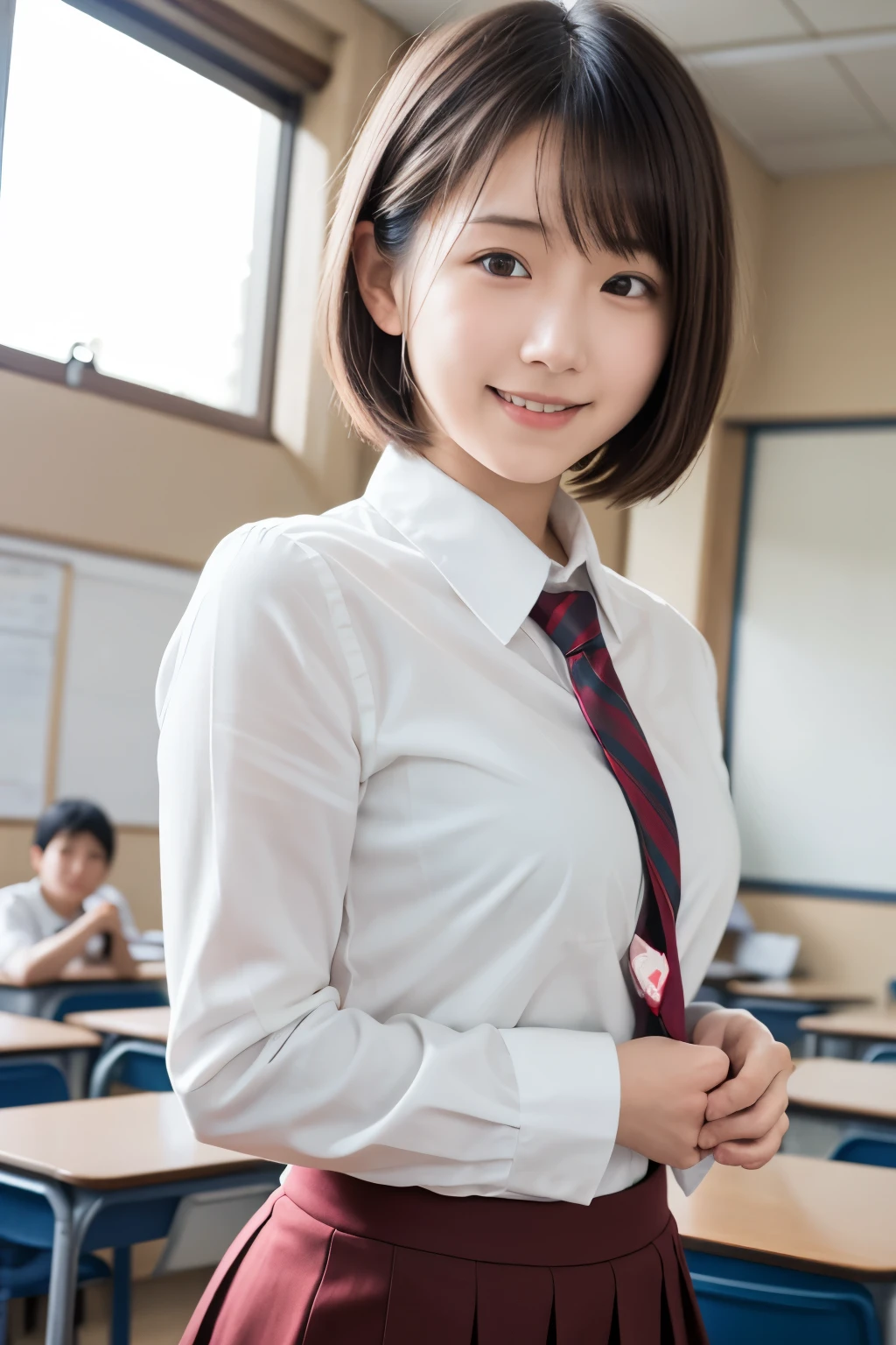 best quality , high quality , soft light, super high definition, ( Photos Realistic :1.4), focus on face , japanese girl, solo, cute , embarrassed smile, ( brown eyes, light in the eyes ), detailed and beautiful face , realistic skin and texture , short bob hair, high school classroom , blazer, white shirt, red tie , skirt
