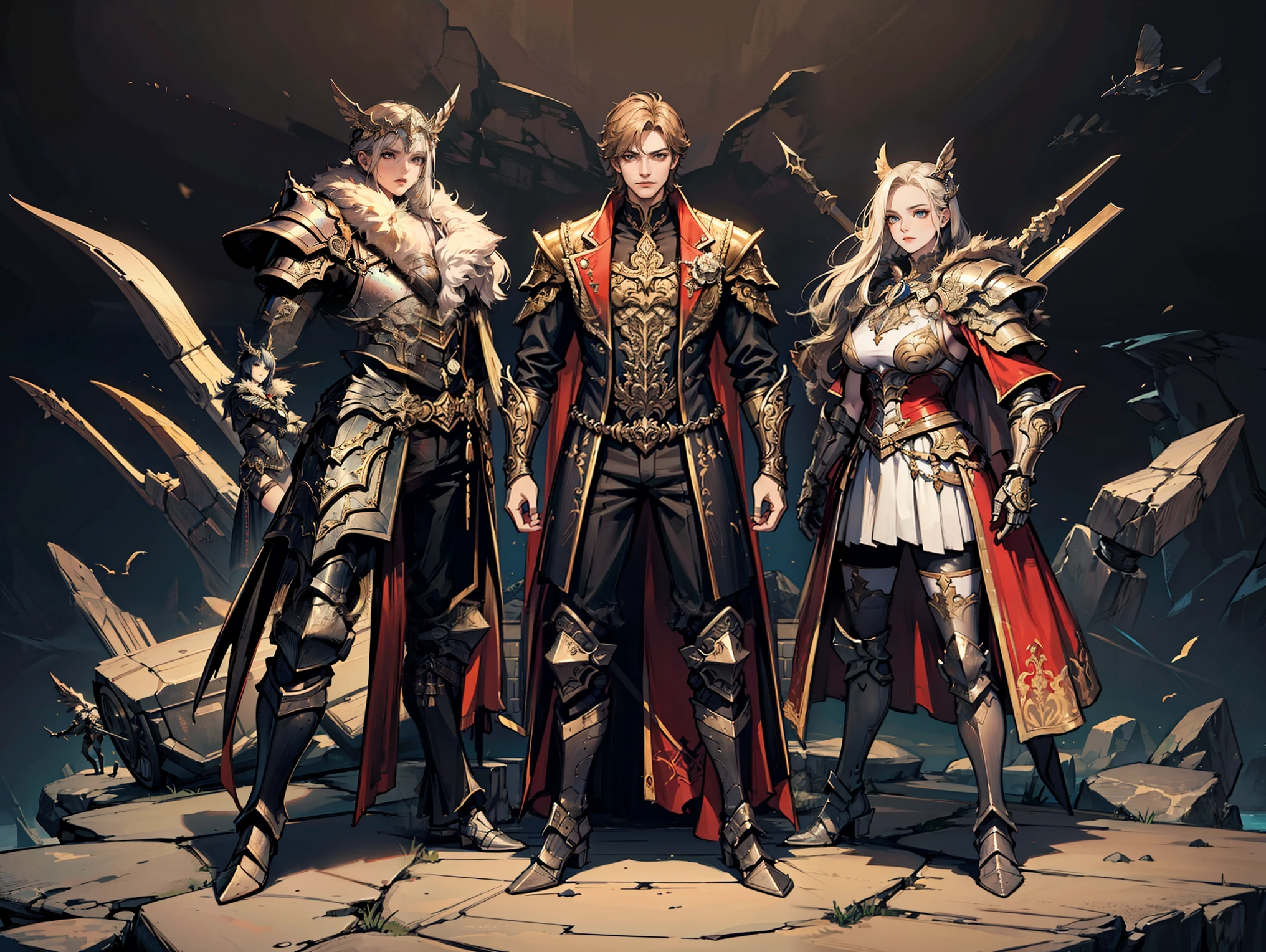 three unique protagonists in an outside rocks environment different calm poses, fantasy themed art and background, gang like pose, character selection like, elegant and intimidating, detailed full metal armor uncommon outfits, all full-body, 
