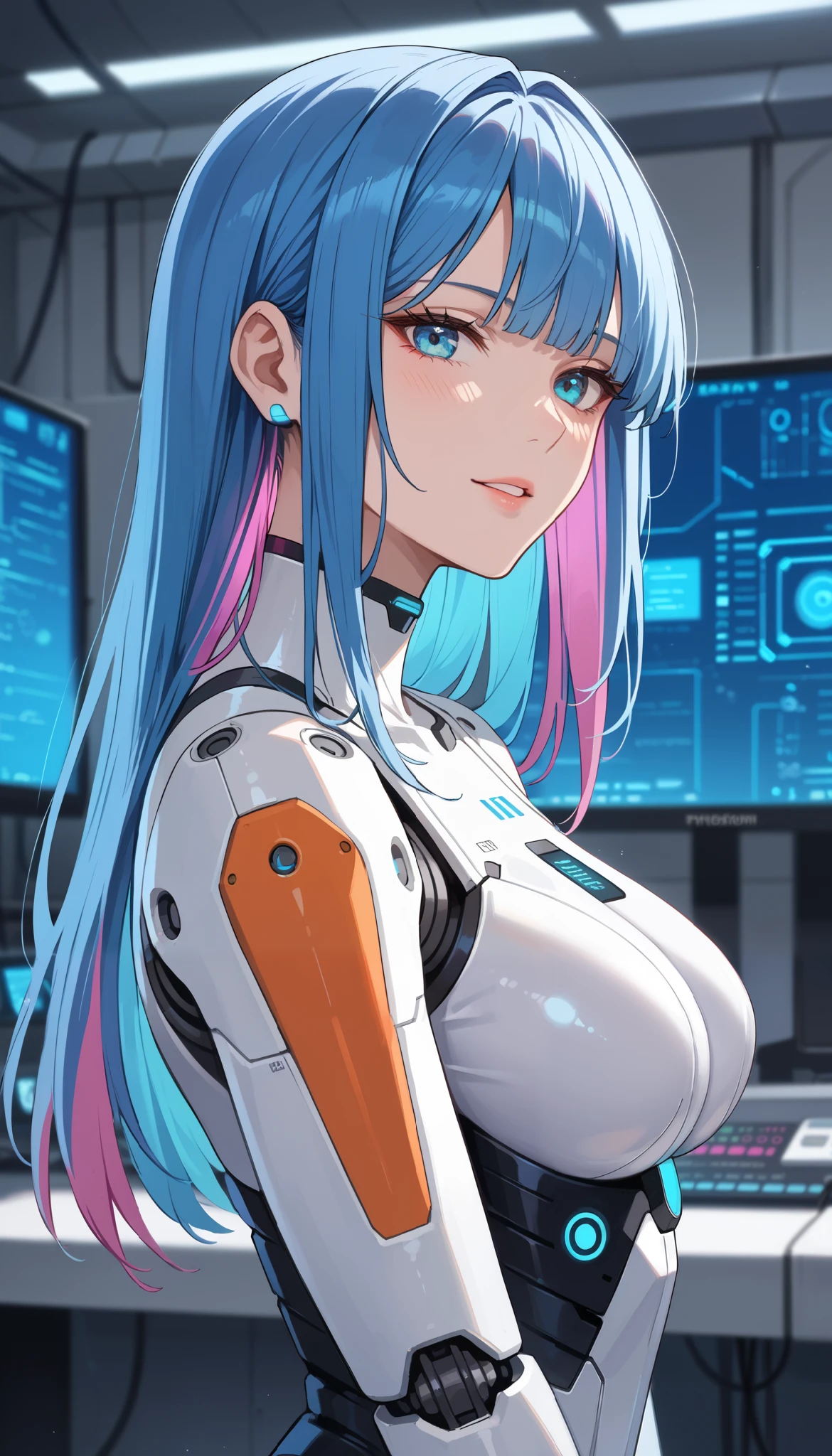 score_9, score_8_up, score_7_up, masterpiece, absurdres, source_anime, cyberpunk world, netrunner girl, in a cyberpunk garage with neon, lots of screens around her, ultra detailled background, 1girl, blue hair, long hair, blushing, (on a futuristic chair:1.2), (futuristic eye-covering helmet:1.8), (futuristic skin-tight suit:1.2), (lots of electrical cables plugged into her head:1.8)