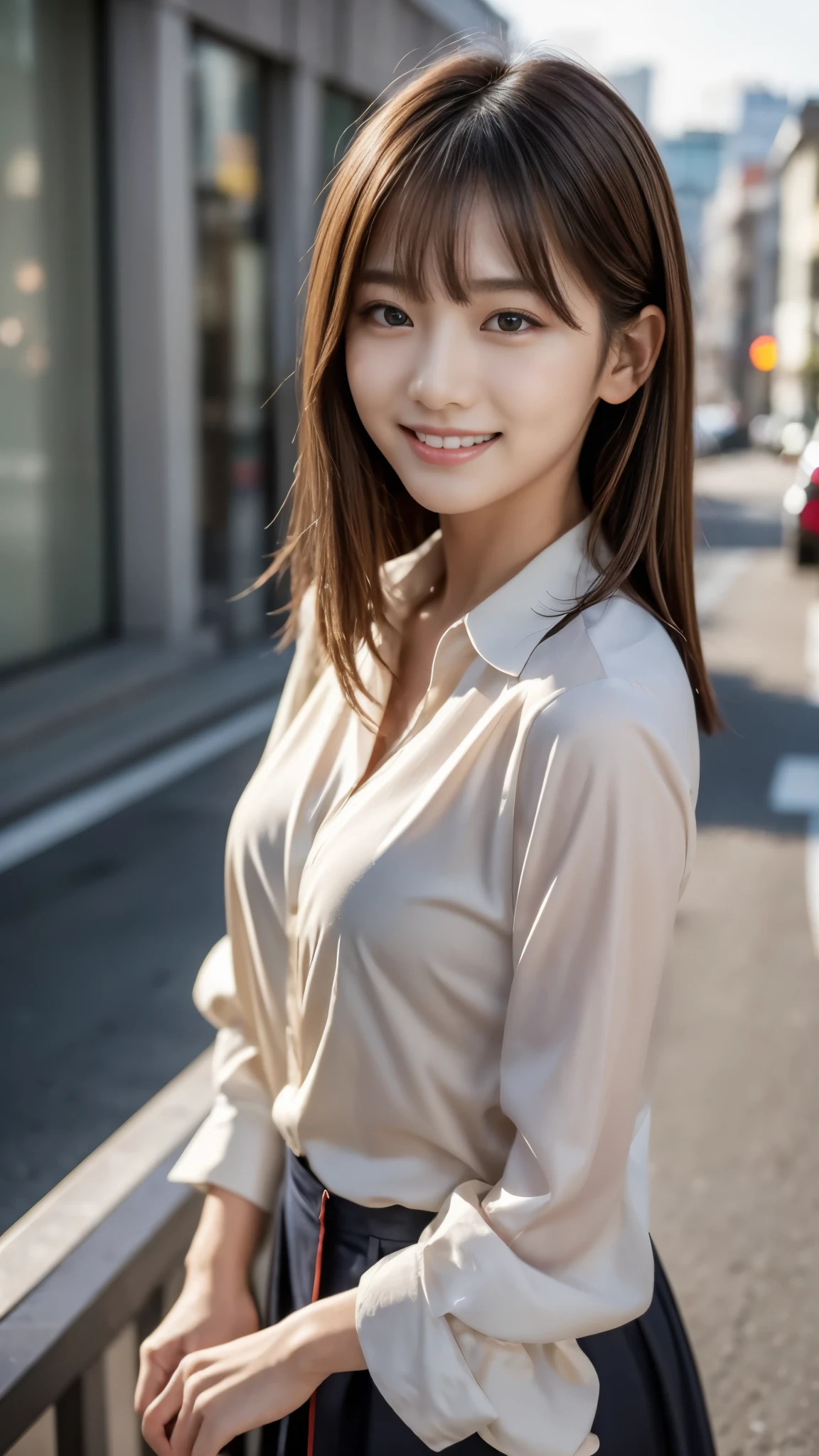 Ultra Fine, High quality, best quality, more details, photorealistic, 8k, RAW photos, best quality, masterpiece, attractive women , Amazingly Beautiful Woman , sexy, tea hair, Shoulder-length layered, Asymmetric Bangs, Korean Female Models, Sophisticated, stylish, formal shirt to accumulate strength, Shibuya, ( bewitching smile),