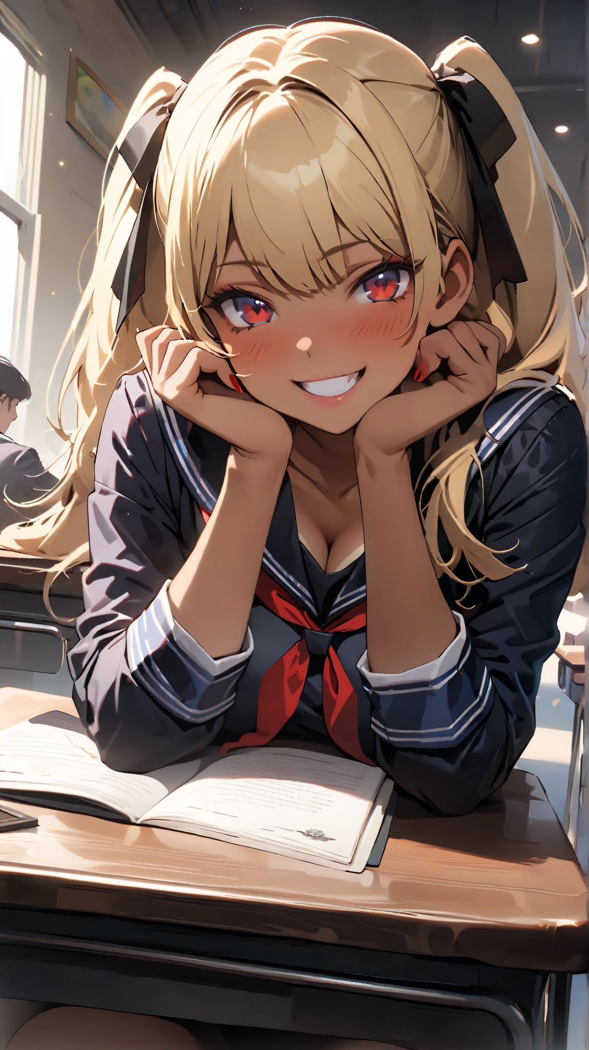 a close up of a person with long hair and a uniform, beautiful anime high school girl, blonde anime girl with long hair, Anime girl named Lucy, Ecchi anime style, Seductive Anime Girl, Anime visuals of cute girls, Anime Girl with Long Hair, Cute anime girl, beautiful anime girl squatting, beautiful alluring anime teen, Anime Best Girl