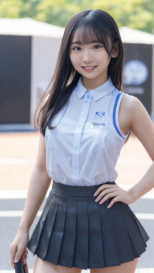 Highly detailed CG Unity 8K wallpaper, highest quality, Super detailed, masterpiece, realistic, photo realistic, Highly detailed cute girl, 25 years old, (Whole body to toes:1.4)、(whole body)、(whole body to toes)、(shot from the side)、
(She is wearing a grid girl costume with the sponsor&#39;s logo printed on it.:1.3), (shorts) , (sitting in a motorsport race),   (cleavage), smile ,full body shot ,(Side view)、(side shot)、(smile at the camera)、
