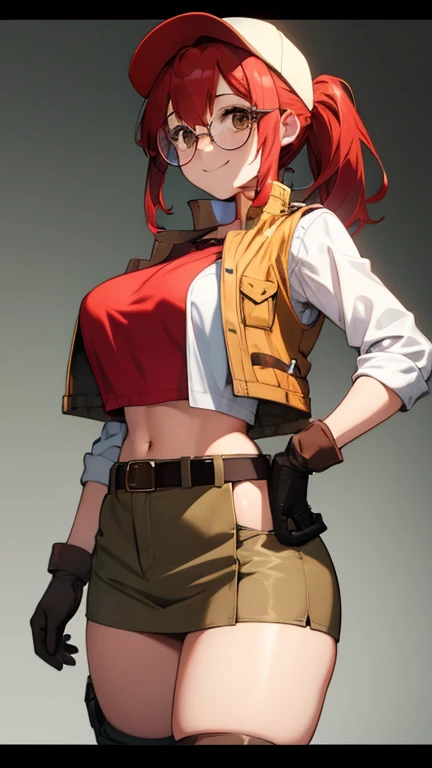 1girl, cartoon, detailed eyes, looking at the viewer, Orange-red hair, short hair, green eyes, confident expression, black crop top, black gloves, brown belt, green cargo pants, pale skin, thin eyebrows, gigantic breasts,