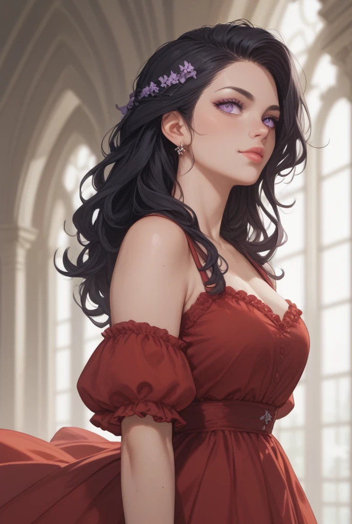 (extremely detailed CG unit 8k wallpaper, masterpiece, best quality, ultra-detailed), (best lighting, best shadow), 45 year old Spanish woman, mature, square face, wearing 1 red rose on necklace neck, wearing black lace dress with red, golden earrings, features like a maria padilla, (highly detailed skin: 1.2), medium brown loose hair with lights