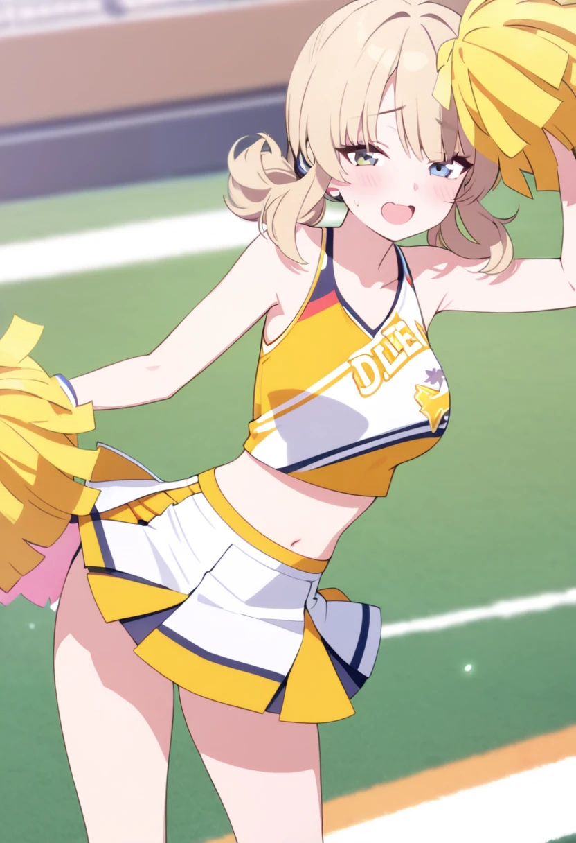 nanako_kogure, blonde hair, red eyes, ponytail, hair ornament, large breasts,top quality, (Masterpiece: 1.3), (Maximum resolution: 1.2), (Ultra HDTV: 1.2), Cinema light, Ultra HDTV, (Detailed eyes and skin), (Detailed facial features), HDR, 8k resolution, Sharp Focus: 1.2, Perfect style, beautiful face, accurate, anatomically correct, highly detailed face and skin texture, detailed eyes, brown eyes, double eyelids, thin eyebrows, glitter eyeliner: 1.4, natural cheeks, glossy skin, fair skin: 1.2, shiny little earrings, (glossy lips: 1.4), BREAK first-person-view, Wearing a baseball uniform, white and pale pink, thick border,(it consists of top with team logo on the chest and extra-mini skirt made of the same fabric as the top), (lifting the hem of the top and showing her navel), (compassion:1.2), (blush:1.2), (Looks like a lot of fun),(big smile), Innocent and Cute girl, ( wavy hair, bangs flowing diagonally), (Multi color hair:1.2), extra long hair, beautiful long blondee hair, tying up in high ponytail, BREAK (Full body shot: 1.2), (focus on slim curve), ((Very intimate relationships: 1.4)), (huge large breasts:1.2), (((at a baseball studium, in front of the audience seats : 1.2)), ((cheering up with cheerleading:1.4)), (raising her leg high, dance with cute choreography: 1.4)(looking up at viewer)), (from directly above:1.2),