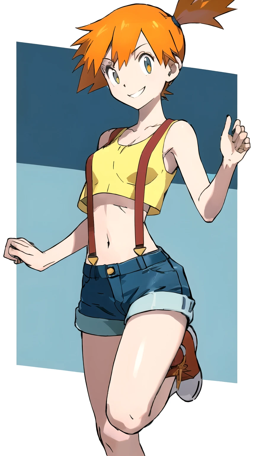 { masterpiece : best quality } {: : Anime_artstyle_LoRA } {horror_edit} {} { dark_creepy_room } ( 1girl, misty (pokemon), orange hair, solo, shorts, suspenders, side ponytail, orange hair, midriff, yellow crop top, navel, short hair, denim, denim shorts : perfectly_small_shaped_breast : perfectly_slender_body : ) ( ) ( possessed : pose } { devious : smile : evil}
