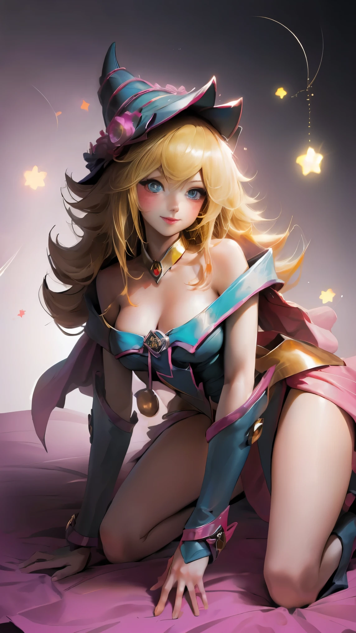 Dark magician gils dressed as the sand goddess from Saint Seiya. Vestido white, tight, white. blond hair. blue eyes. Red lips. Whole body. Athena background. Sensual and innocent pose. Magic circle around you. Magic of the heart in the air.