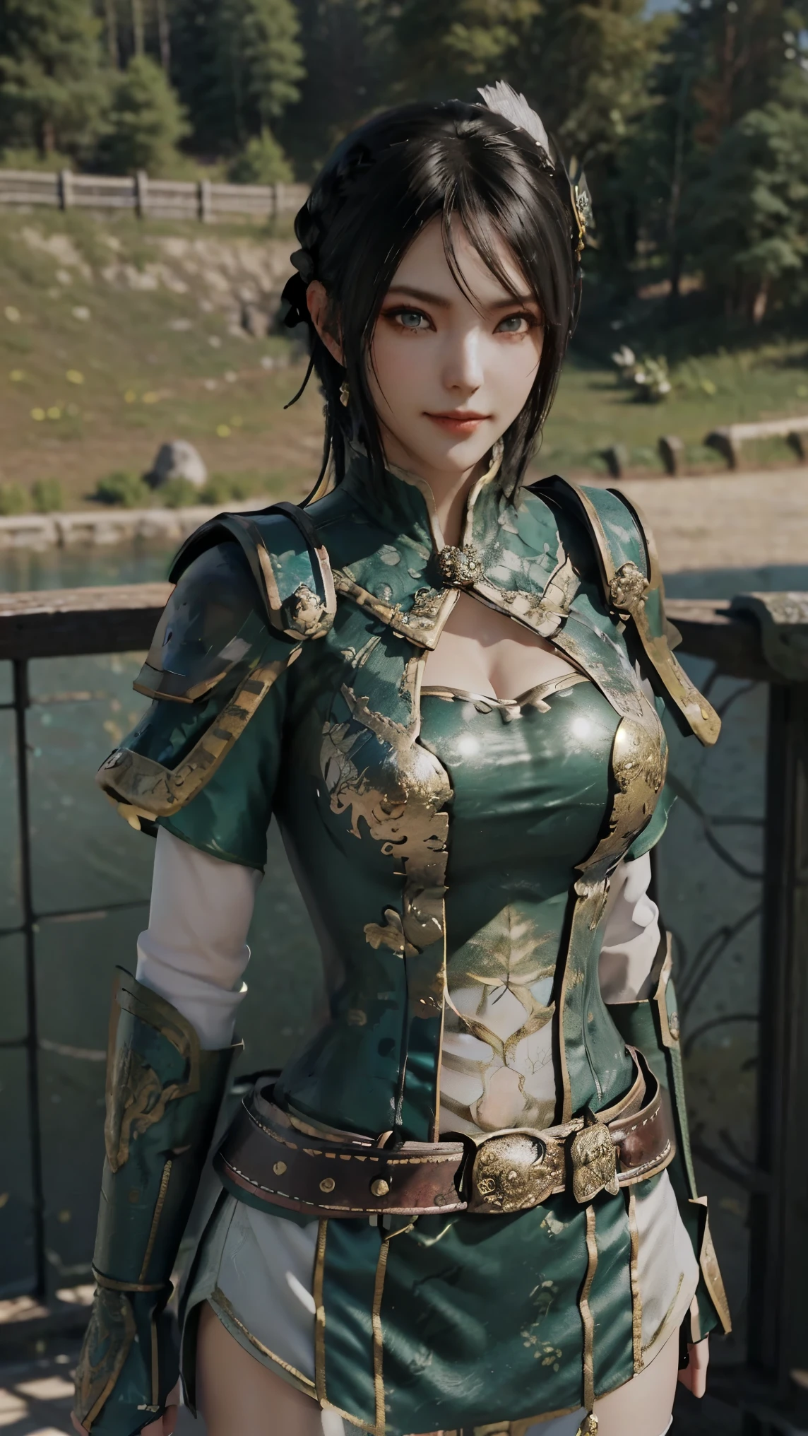 Xingcai,(best qualityer,4K,8k,high resolution,work of art:1.2)(weather: windy), Chinese village background, Chinese garden, short sleeve top, shoulder pads, elbow long gauntlets, capelet, belt, corset, mini skirt, gold trim, pantyhose, thigh high boots, dragon embroidery, eyeliner, short wavy hair, black hair, ultra detailed, realistic, portrait, beautiful detailed green eyes, glowing eyes, blush, beautiful detailed lips, extremely detailed eye and face, long eyelashes, sexy, average, large breasts, beaming smile, flirty smile, powerful girl, combat pose, stunning curves, bright coloured, dramatic lighting,