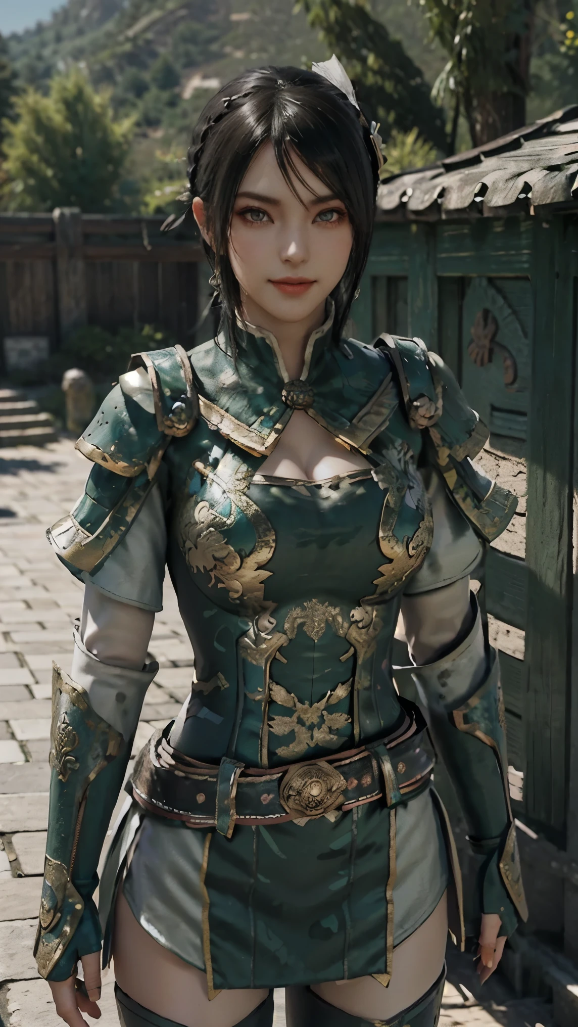Xingcai,(best qualityer,4K,8k,high resolution,work of art:1.2)(weather: windy), Chinese village background, Chinese garden, short sleeve top, shoulder pads, elbow long gauntlets, capelet, belt, corset, mini skirt, gold trim, pantyhose, thigh high boots, dragon embroidery, eyeliner, short wavy hair, black hair, ultra detailed, realistic, portrait, beautiful detailed green eyes, glowing eyes, blush, beautiful detailed lips, extremely detailed eye and face, long eyelashes, sexy, average, large breasts, beaming smile, flirty smile, powerful girl, combat pose, stunning curves, bright coloured, dramatic lighting,