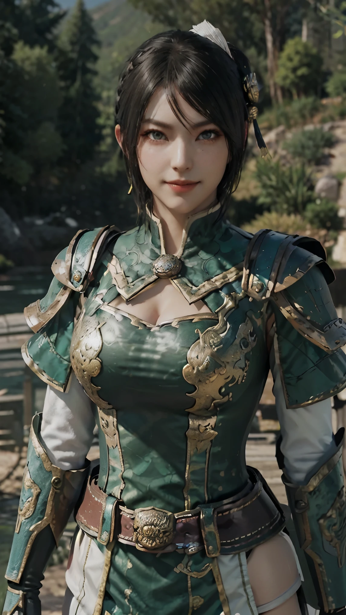 Xingcai,(best qualityer,4K,8k,high resolution,work of art:1.2)(weather: windy), Chinese village background, Chinese garden, short sleeve top, shoulder pads, elbow long gauntlets, capelet, belt, corset, mini skirt, gold trim, pantyhose, thigh high boots, dragon embroidery, eyeliner, short wavy hair, black hair, ultra detailed, realistic, portrait, beautiful detailed green eyes, glowing eyes, blush, beautiful detailed lips, extremely detailed eye and face, long eyelashes, sexy, average, large breasts, beaming smile, flirty smile, powerful girl, combat pose, stunning curves, bright coloured, dramatic lighting,