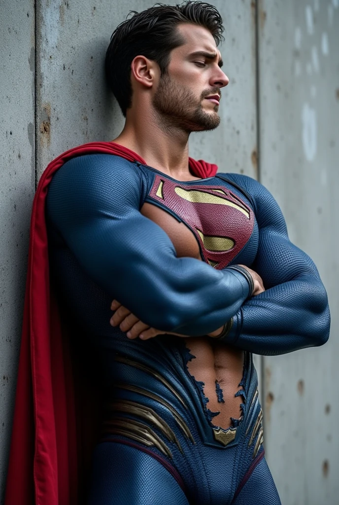 1boy, superman, abs, bara, black hair, blue bodysuit, blue eyes, bodysuit, cape, closed mouth, crossed arms, large pectorals, male focus, muscular, muscular male, pectoral lift, pectorals, red cape, short hair, outdoors, skyscrapers, solo, superhero, upper body , ((masterpiece))