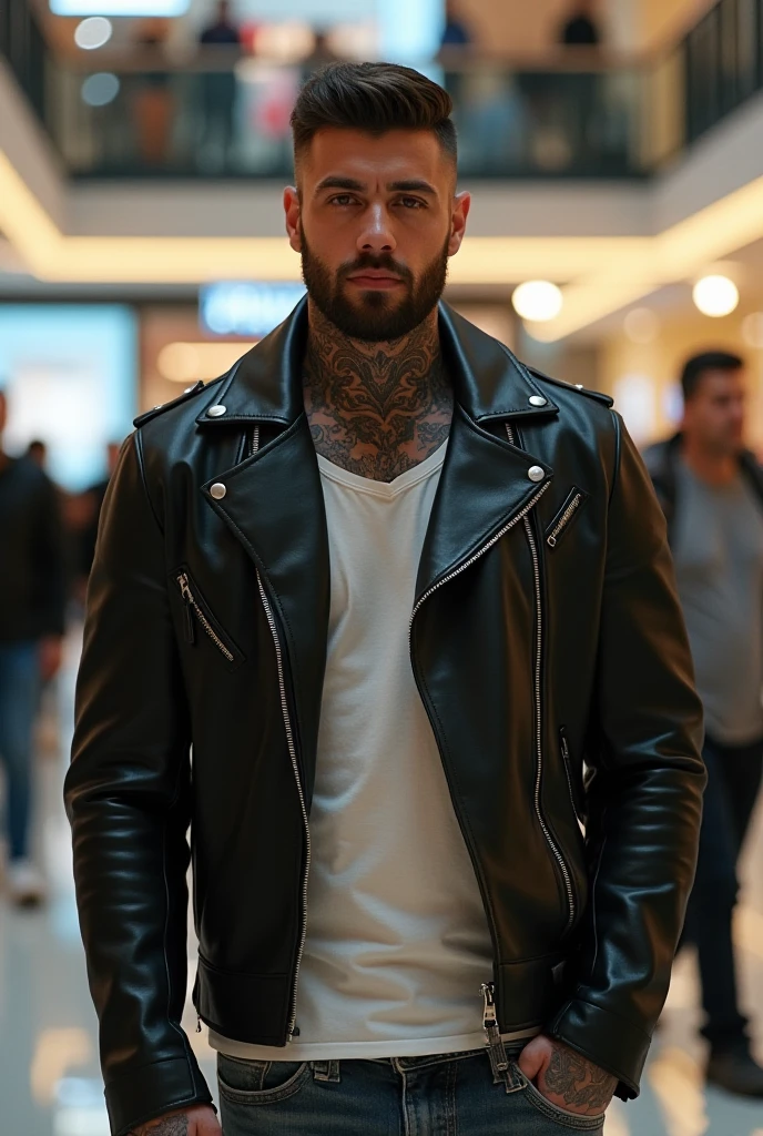 man, high,  tattooed ,  pumped , brutal,   with wide shoulders and muscles  , , gorgeous with his special  , male beauty ,  in a leather jacket dhowing his arms with a white undershirt and jeans in a mall with three floors,  , --cref https ://www.art of the sea.AI/explore/detail/csqrcjte878c73enua00 --cw 100