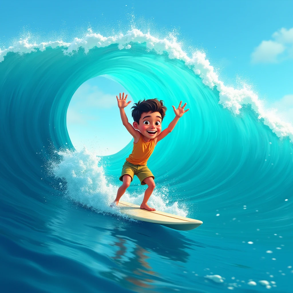 a boy riding a surfboard on the sea,presented in a style inspired by Pop Mart and Disney,featuring a blurred and dreamlike atmosphere,playful use of shapes,and showcasing lively and youthful images in an ad poster.Rendered in a 3D cartoon style, the poster exhibits the best quality with the utilization of 3D rendering techniques such as OC rendering,Blender,and C4D.The lighting is soft,and the quality is high,offering an 8K