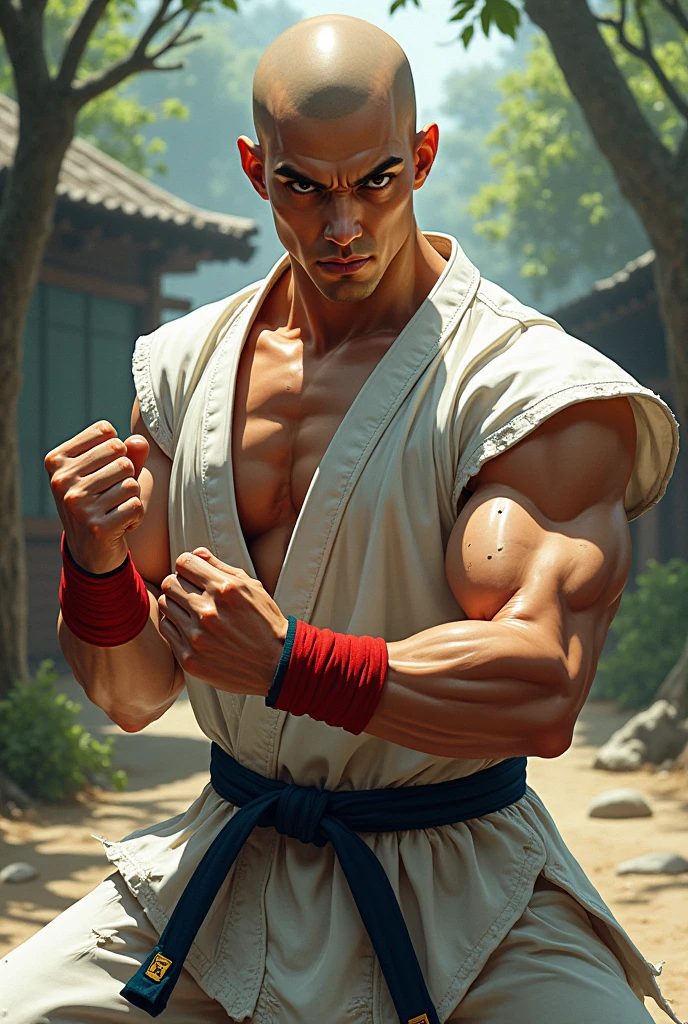 solo:1.3, male focus, Matt, adult male, blue eyes, blonde, shaved head, beard, fighting stance, wearing red kung fu head band, shirtless, muscular, black shorts, bandage wraps on hands, at a park, cherry blossom greets everywhere, high quality, good anatomy