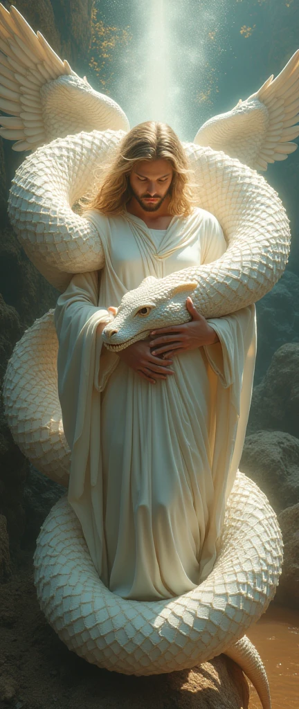 (The most amazing scene ever created:1.0), (Fantasy art:1.0), (Masterpiece:1.0), (Best Quality:1.0), (amazing quality:1.0), (sharpest focus:1.0), (Ultra-realistic Photo:1.0), (Ultra-precise Photo:1.0), 
(Depth of field:1.0), (super fine:1.0), (16k:1.0), (incredibly absurdres:1.0), (extremely detailed:1.0), (delicate and dynamic:1.0), (very aesthetic:1.0), (absurdres:1.0), (beautiful face and eye:1.2), (perfect :1.2), 
Christ figure wrapped around a giant white serpent, Divine light falls, Divine blessing, Sacred atmosphere, 
Vibrant colors, Mystical beauty, Fantastic beauty, unimaginable beauty, beauty beyond imagination, Overwhelmingly written images, 
