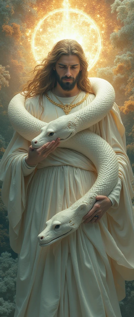 (The most amazing scene ever created:1.0), (Fantasy art:1.0), (Masterpiece:1.0), (Best Quality:1.0), (amazing quality:1.0), (sharpest focus:1.0), (Ultra-realistic Photo:1.0), (Ultra-precise Photo:1.0), 
(Depth of field:1.0), (super fine:1.0), (16k:1.0), (incredibly absurdres:1.0), (extremely detailed:1.0), (delicate and dynamic:1.0), (very aesthetic:1.0), (absurdres:1.0), (beautiful face and eye:1.2), (perfect :1.2), 
Christ figure wrapped around a giant white serpent, Divine light falls, Divine blessing, Sacred atmosphere, 
Vibrant colors, Mystical beauty, Fantastic beauty, unimaginable beauty, beauty beyond imagination, Overwhelmingly written images, 