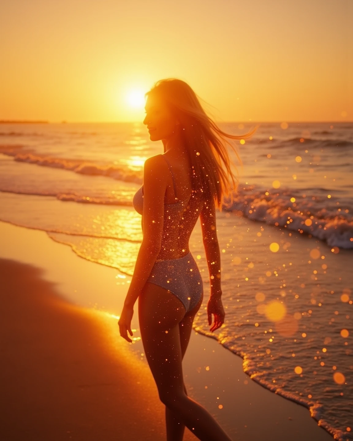 full-body shot, 1 Girl beautiful, gehen, auf Zehenspitzen, Back to Camera, 23 Jahre, Feet show, white nails, lange blonde Haare, Bikini, athletic body, long legs, Meer wellen Strand Sommer Sonnen untergang, UHD, Meisterwerk, anatomisch korrekt, Hohe Detailgenauigkeit, hight resolution, best quality, Super detailliert, 8K