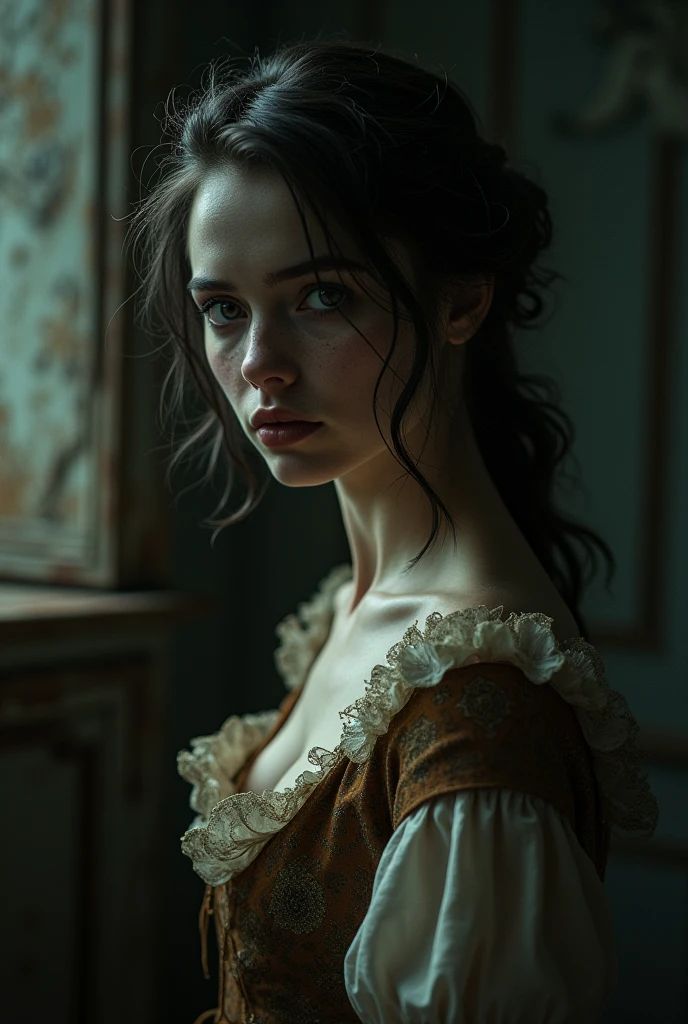 a young woman, melancholy expression, looking out window, warm lighting, detailed face, elegant dress, medium shot, dramatic lighting, moody atmosphere, cinematic, digital painting, hyperrealistic, muted colors, somber mood, emotional, photorealistic, detailed background, depth of field, beautiful, bittersweet, wistful