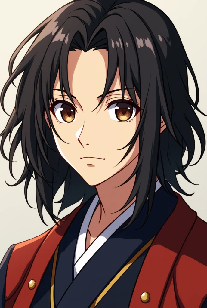 Create a 30-year-old young man, with medium length black hair. The character must have brown eyes and a keen eye. Make your character a shogun of medieval Japan. He must be dressed in luxurious Japanese attire. Create an anime-style character.