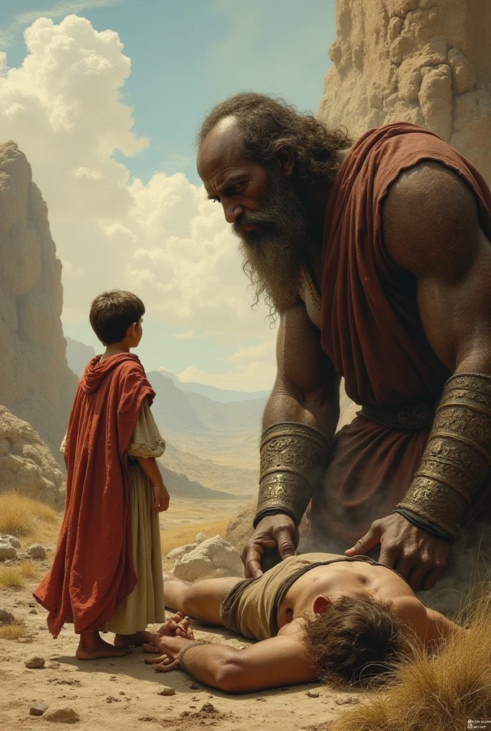 A final scene showing Goliath lying on the ground , while David the boy version walks up to him with a serene but determined expression.