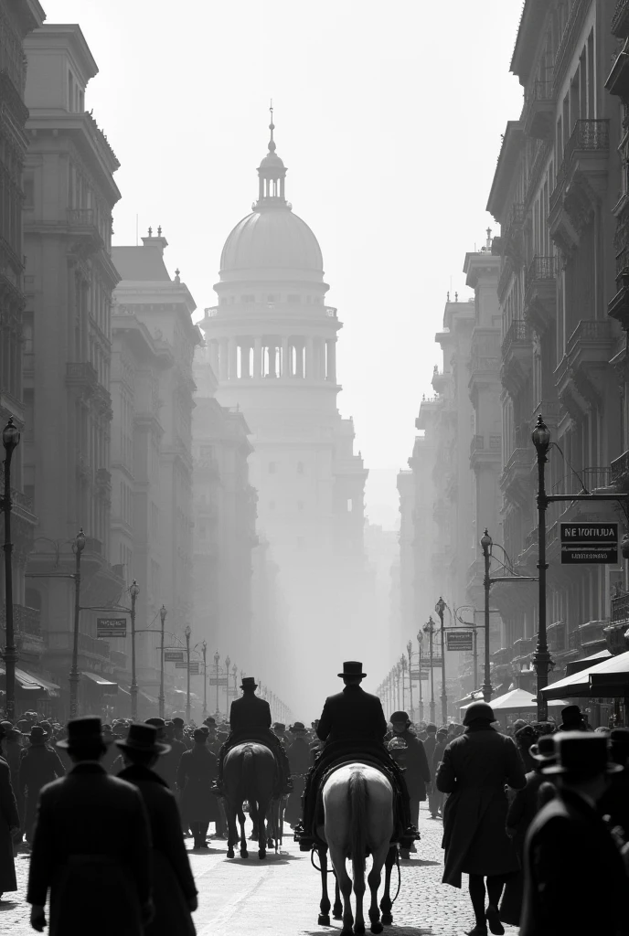 A bustling 19th-century city street in black and white, featuring ornate architecture, tall domed buildings in the background, and a crowded scene with horse-drawn carriages and pedestrians dressed in vintage attire. The atmosphere is hazy, with soft light filtering through, evoking a sense of industrial-era grandeur and vibrancy. The scene reflects a historic urban setting rich with activity and detail."