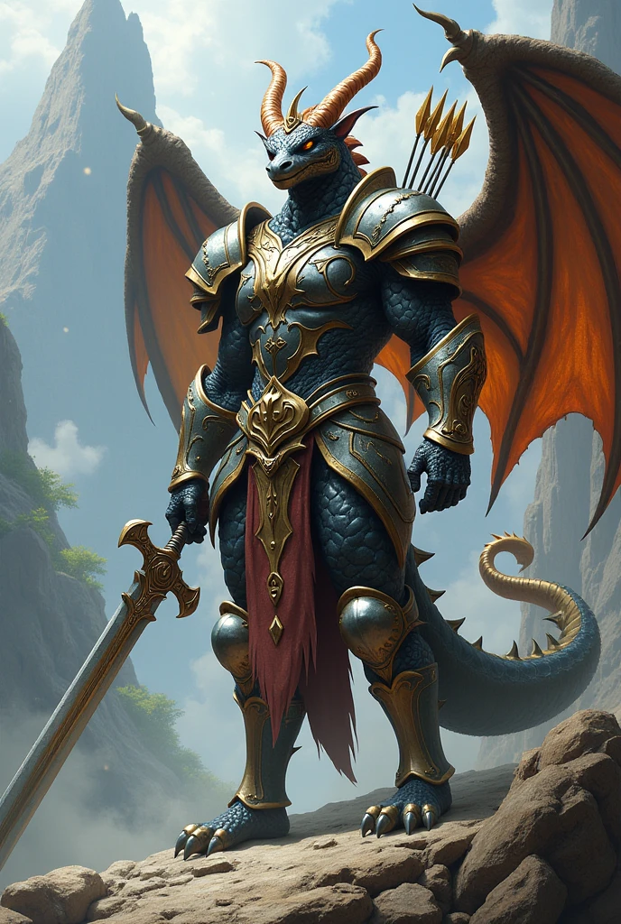 Awe-inspiring dragon guide image, Dragon head man,standing on your feet, Hold the flashlight with one hand, Wearing gold and black armor, Fantasyart, High detail, Cinematic lighting, god light, hyper HD, A high resolution