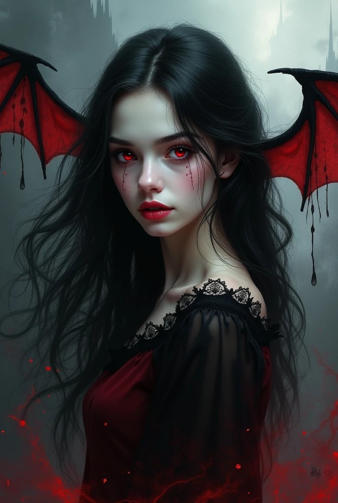 (masterpiece, best quality), ((1girl, (mature female) long hair), (star-shaped pupils,  +_+, symbol-shaped pupils, sparkling eyes), (cat ears, open open mouth)), (looking at viewer, light smile, off shoulder), (abstract, multicolored background, abstract background, chromatic aberration), vampire, blood on face, blood on clothes, bat wings