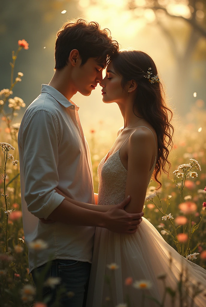 One girl and boy together kissing a field