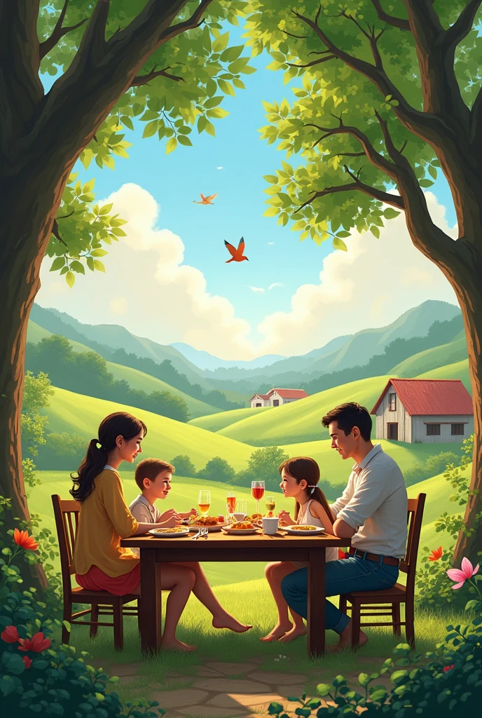 Bright morning, birds and their chirping on Saber sitting on tree branches and at the breakfast table, a Islamic family of four members, a father, a mother, in hijab a daughter, and a boy. They were amazed, quiet, and the smell of fresh bread all around the house, and they were sitting around the table. The space is wonderful from the distance, one sees the towering mountains and the old and beautiful trees.
