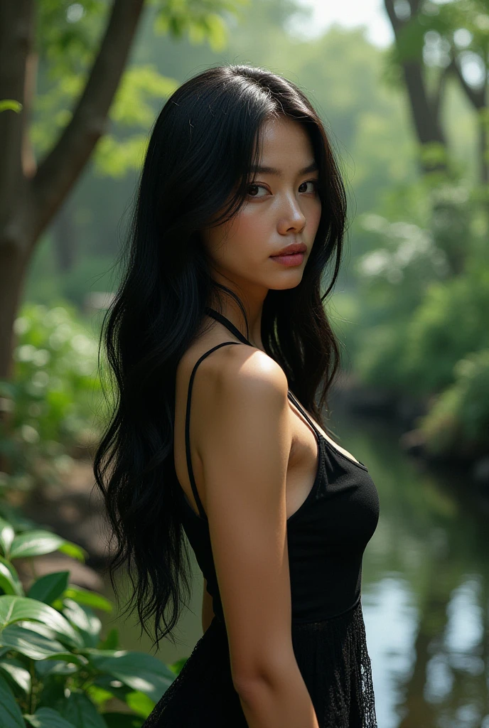 1girl in, age19, Solo, Aesthetic artwork, black hair, long straight hair, detailed hair, big breasts, slender body, Full body, detailed skin texture, side profile, no top, no black , no leggings, fully nude, (extremely detailed 8k wallpaper), soft lighting, high quality, film grain, Fujifilm XT3 sharp focus, f 5.6, 50mm, High Detail, Sharp focus,(natural light), (seductive), Realistic, ultra realistic, photo realistic