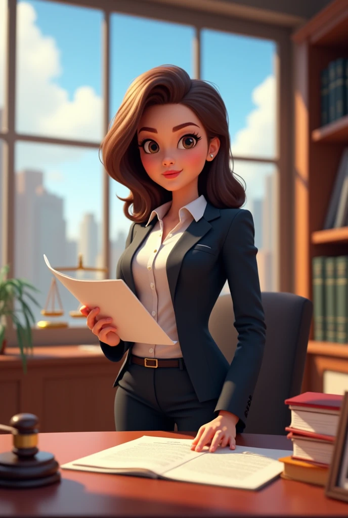 GIVE ME AN ANIMATED IMAGE OF A FEMALE LAWYER WITH A BACKGROUND THAT IS ALSO ALLUSIVE TO LAW