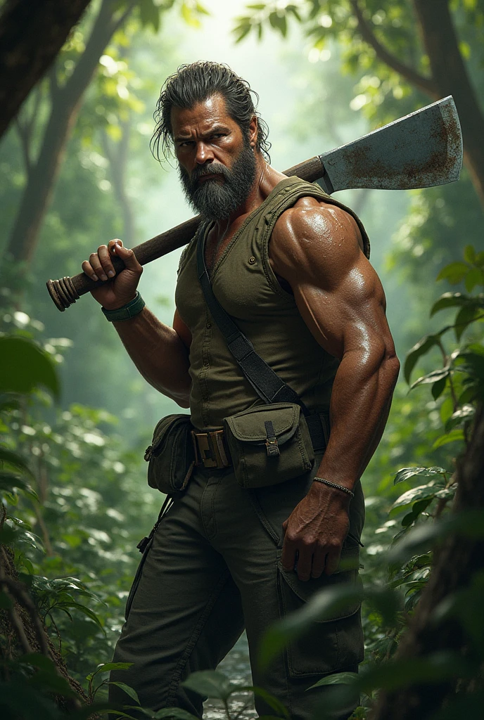 A PNG man wearing a army green jean holding a stone axe, standing in the middle of the tropical rainforest has a tattoo on his chest name LAPUN, has a smoldering looks