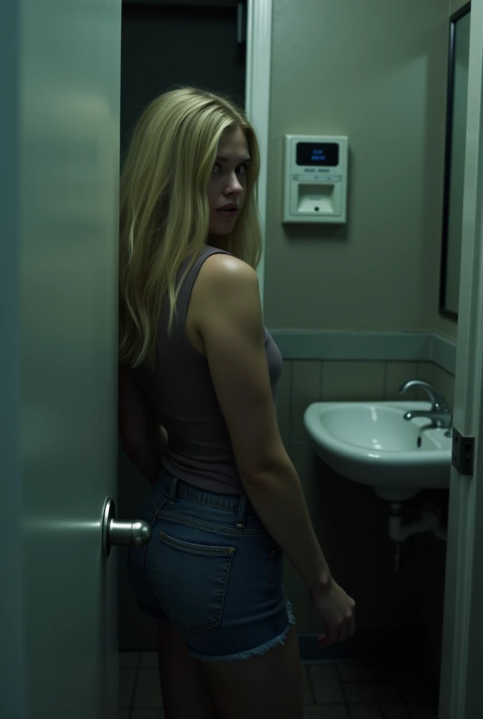 (Old and shabby public restroom)blonde white woman.Wear skinny jeans that fit your body well and a short-sleeved T-shirt that fits your body well..very big breasts.very big breasts.((8k)).(A woman with a frightened expression holds the bathroom door open in a shabby and old bathroom).slim woman.Body of a teenage model woman.