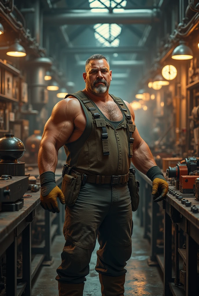 (Best quality,4K,8K,A high resolution,Masterpiece:1.2),Ultra-detailed,(Realistic,Photorealistic,photo-realistic:2), Bird's eye view,Panoramas,Cyberpunk-style male protagonist, Chubby Alpha male lying naked on the high-tech modified platform of the research room, legs are open, Perfect gaze, The muscular body is covered in sweat, Rough skin handsome face, High-tech, The driver of the robot, Intricate, Daring, tack sharp focus, photography of:Greg Rulkhovsky, Soft lighting, Vibrant colors, Masterpiece." naked