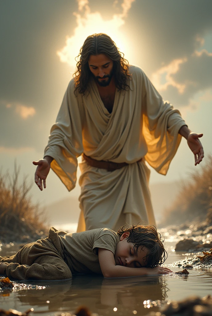A boy covered in mud, dressed in wet ragged clothes, sleeps lying almost curled up on the ground. Emerging from a puddle, emerging Jesus Christ comes out with open arms, hyperrealistic face detailed hyperrealistic deep eyes, surrounded by clouds and a soft glow, as if coming to the boy's aid. The environment is dry and rugged, with leaves and debris scattered, emphasizing the harshness of the scene. The atmosphere conveys a sense of hope and divine intervention. Do not blur the background.