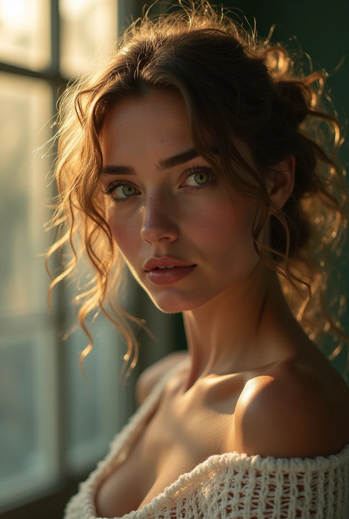 a painting of well i'm going to have some breakfast, warm highlights and teal color grading, portrait photo, film, studio lighting, detailed skin, ultra realistic, bokeh, sharp features, 4k, backlit, vogue, (god rays:2) <lora:polyhedron_god rays-000007:0.6>