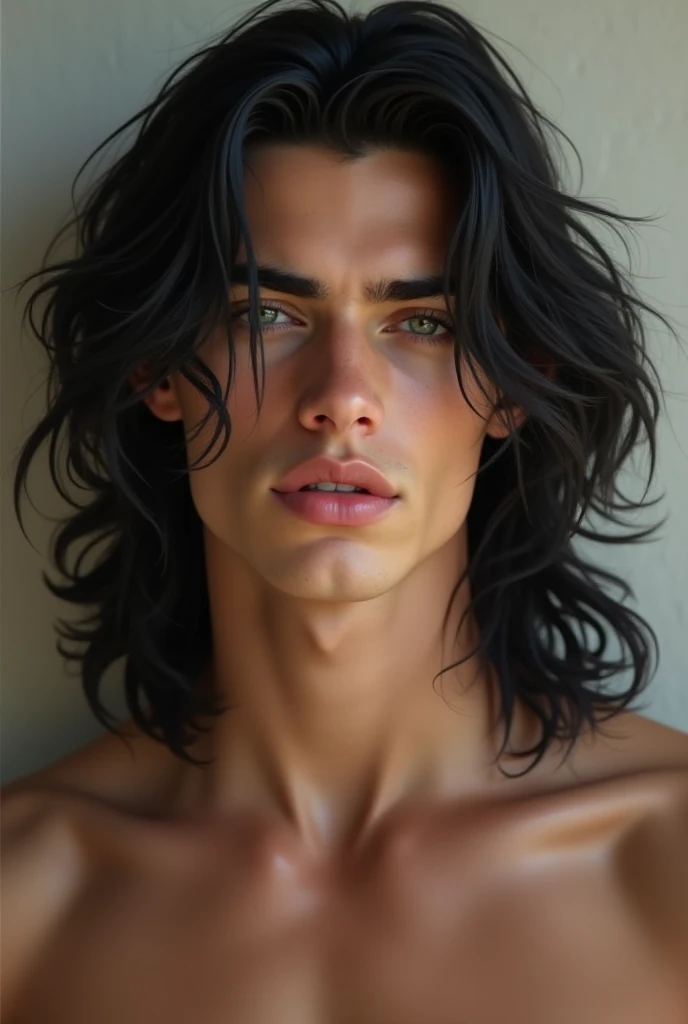man who is 21 years, white norwegian male, masculine features, the most beautiful man, long jet black hair, hunting amber eyes, greek god beauty, ethereal beauty,hunter eyes, hot body, sexy, passionate, psl god