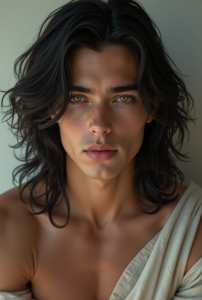 man who is 20 years old, White race, Masculine traits, The most handsome man, jet black long hair, hunting amethyst eyes, angel beauty, angel, hunting eyes, hot body, sexy, passionate