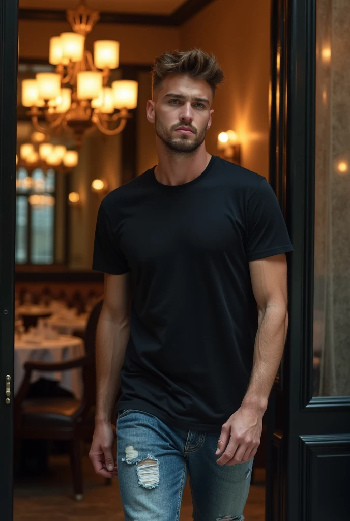 A young blond man with golden hair, wearing blue jeans and a black t-shirt, leaning on the bar counter with a seductive look
