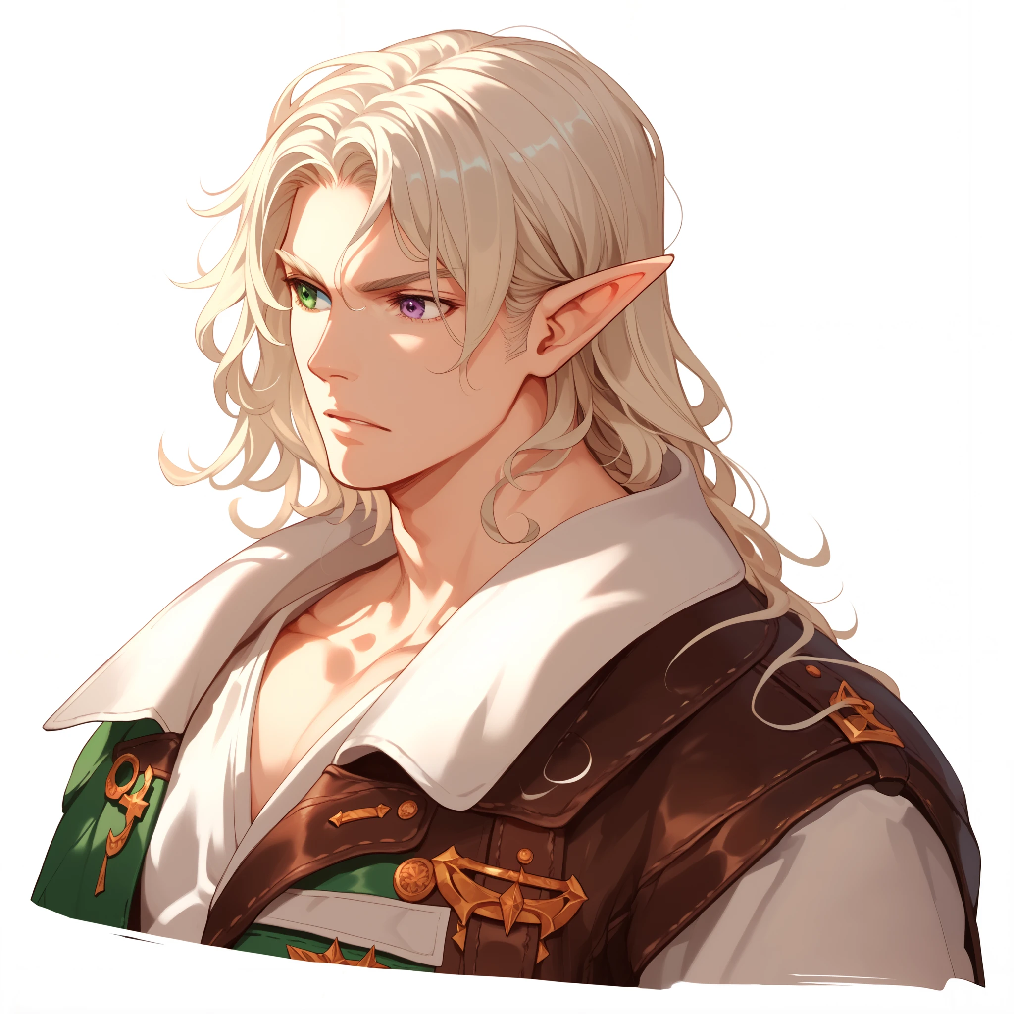 1man. Handsome male. Male elf. slightly pale. Platinum-Blonde hair. Long hair. Elf ears. Royal attire. mysterious expression. Left Purple eye. Right green eye. Heterochromia. curly hair. Leather clothes. looking forward. Simple background.