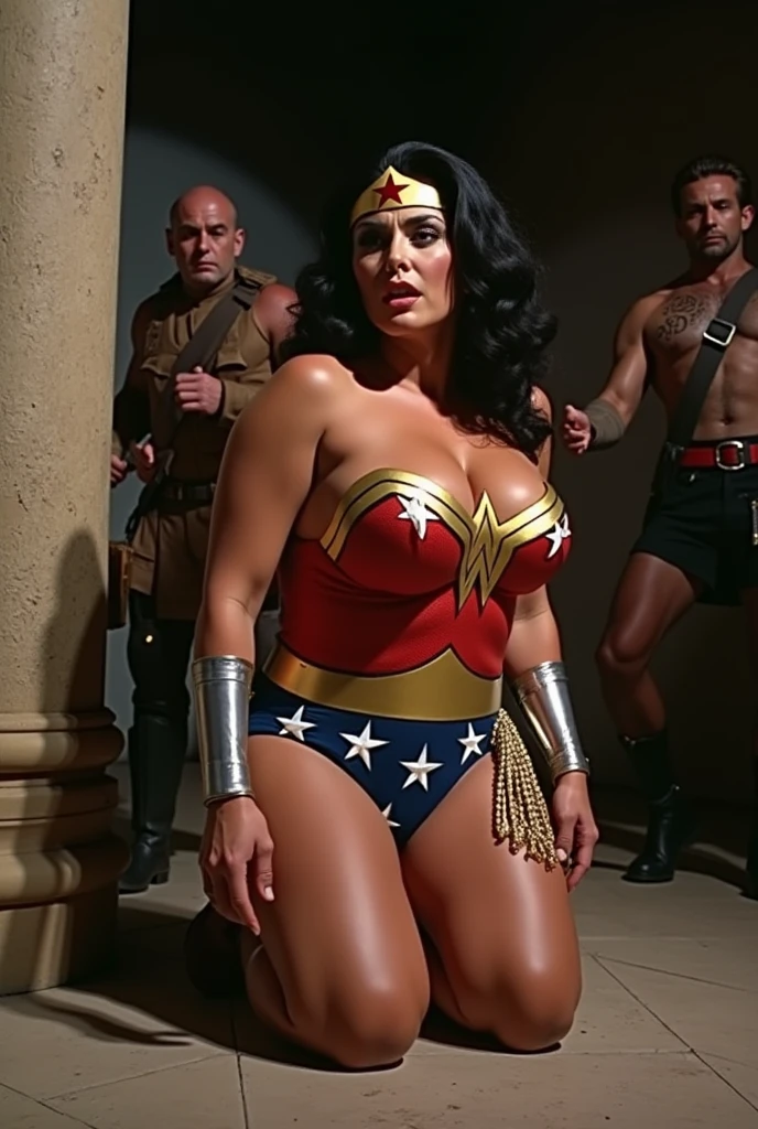 Wonder Woman With a slim white dress, she stands with her butt arched.,Surrounded by burly men